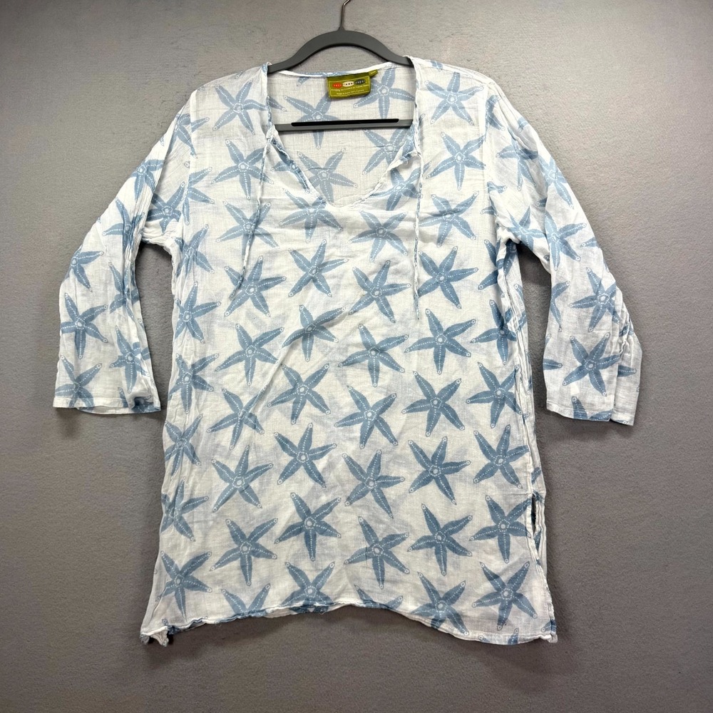 Rock Flower Paper Tunic Top Womens S/M White Blue Starfish Beach Cotton Tie Neck